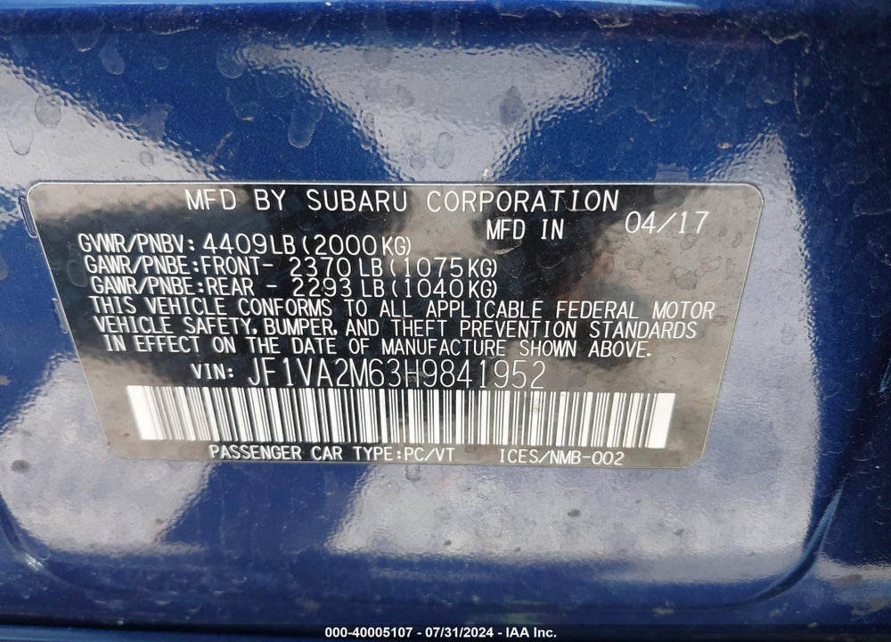 2017 SUBARU WRX STI VIN: JF1VA2M63H9841952