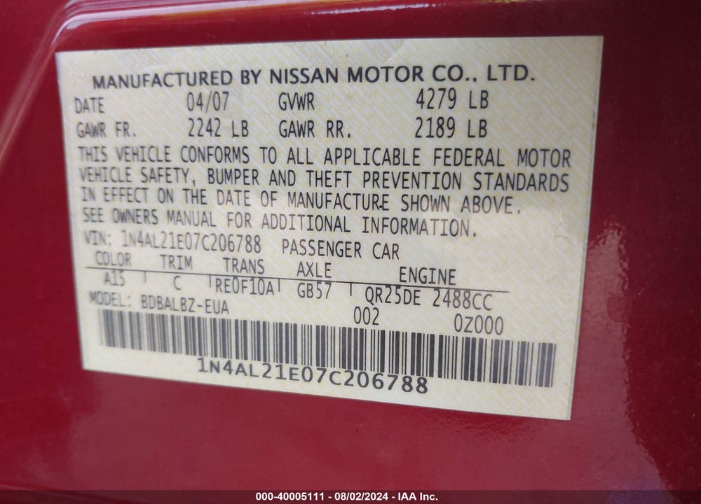 2007 NISSAN ALTIMA 2.5 S VIN: 1N4AL21E07C206788
