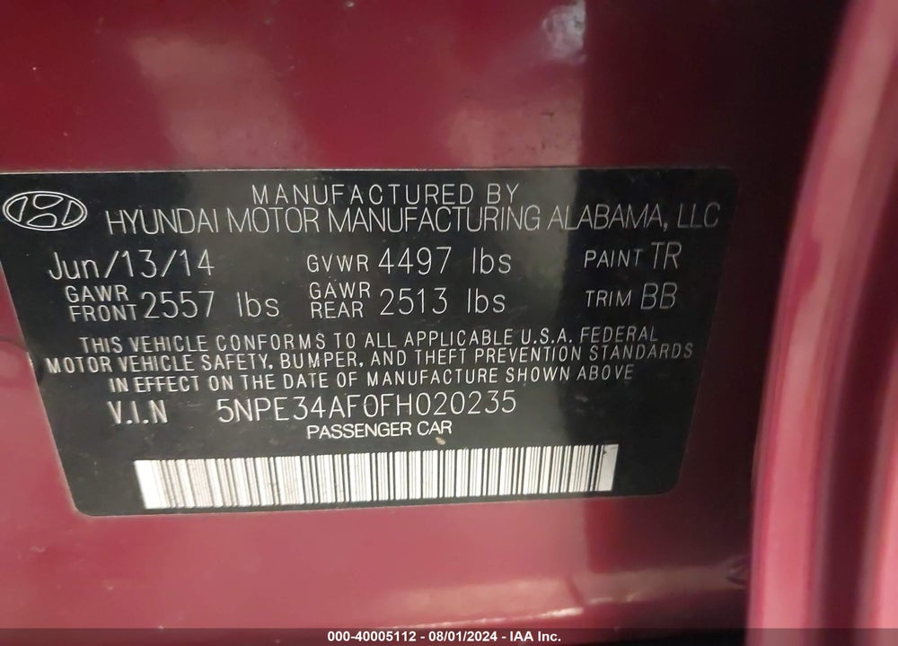 2015 HYUNDAI SONATA SPORT VIN: 5NPE34AF0FH020235
