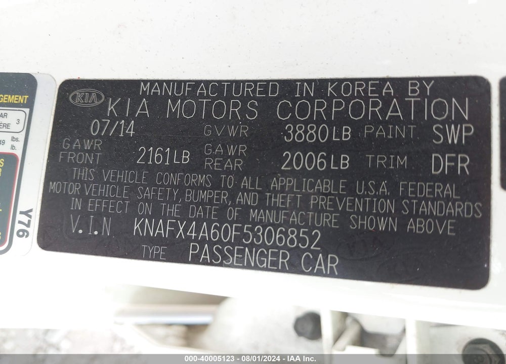 2015 KIA FORTE LX VIN: KNAFX4A60F5306852