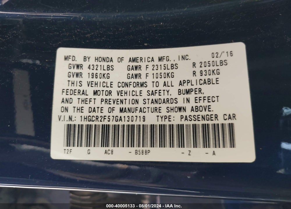 2016 HONDA ACCORD SPORT VIN: 1HGCR2F57GA130719