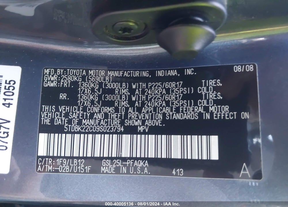 2009 TOYOTA SIENNA VIN: 5TDBK22C09S023794