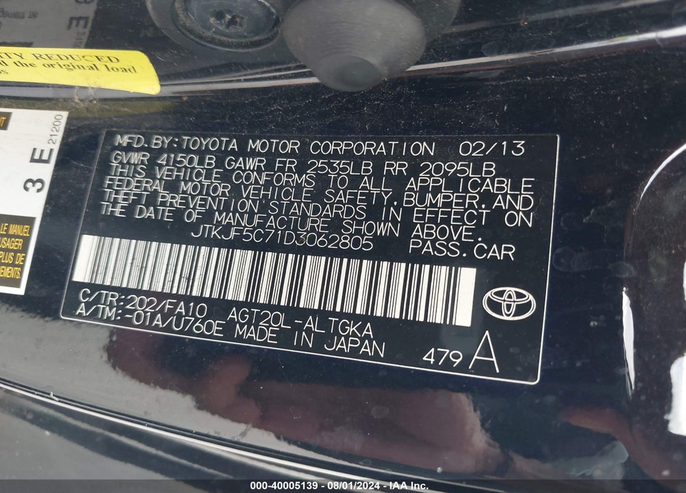 2013 SCION TC VIN: JTKJF5C71D3062805