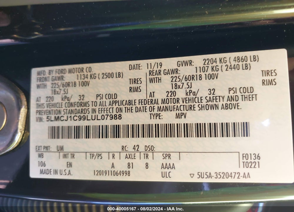 2020 LINCOLN CORSAIR STANDARD VIN: 5LMCJ1C99LUL07988