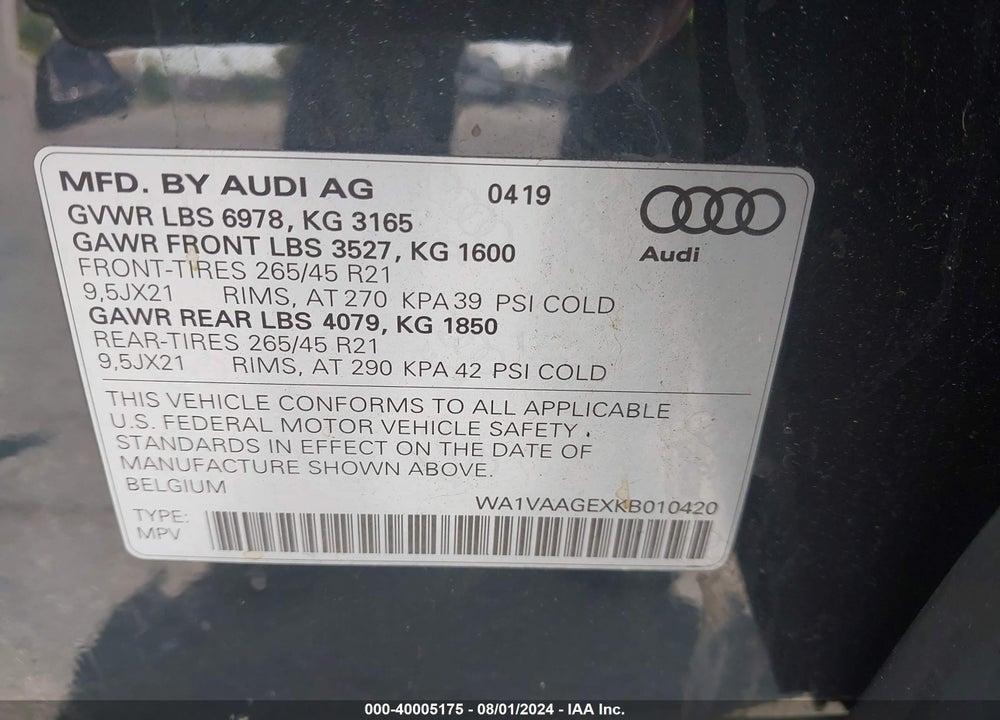 2019 AUDI E-TRON PREMIUM PLUS VIN: WA1VAAGEXKB010420