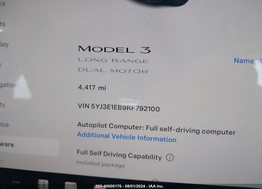 2024 TESLA MODEL 3 LONG RANGE DUAL MOTOR ALL-WHEEL DRIVE VIN: 5YJ3E1EB9RF792100