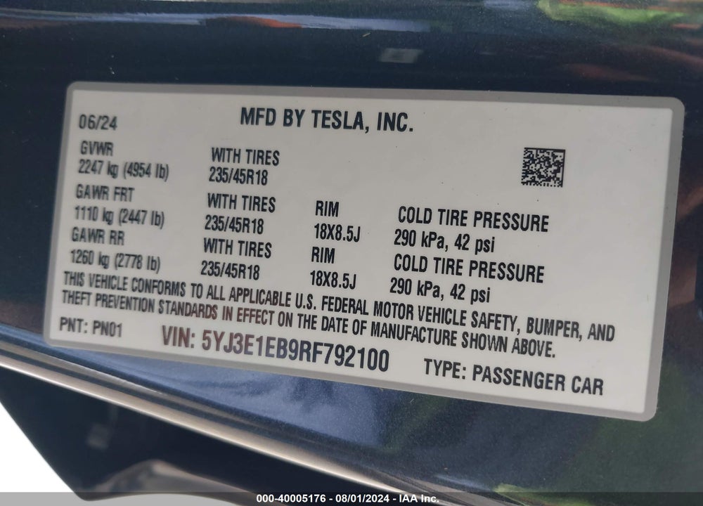 2024 TESLA MODEL 3 LONG RANGE DUAL MOTOR ALL-WHEEL DRIVE VIN: 5YJ3E1EB9RF792100
