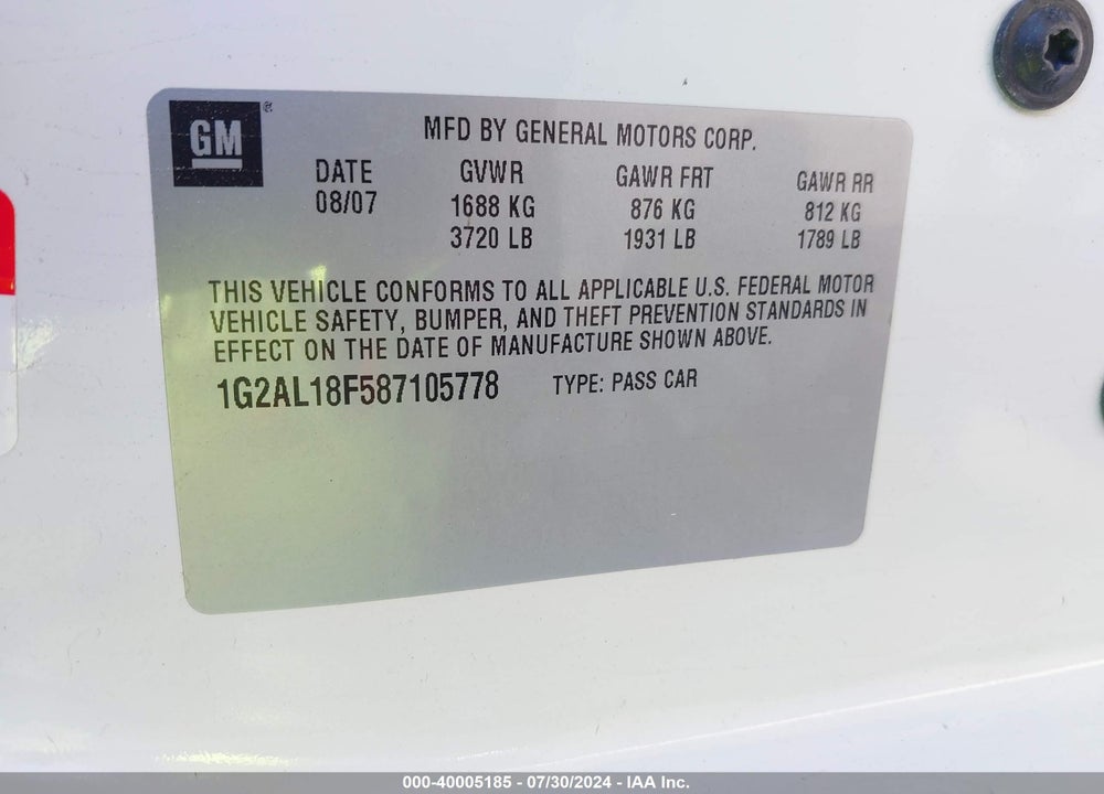 2008 PONTIAC G5 VIN: 1G2AL18F587105778