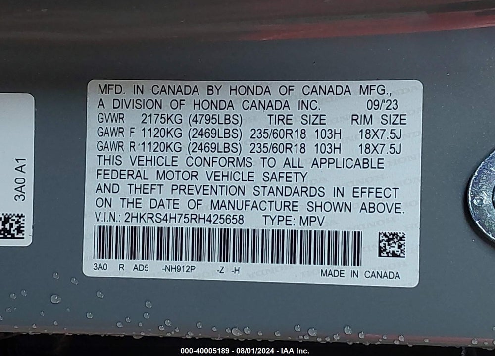 2024 HONDA CR-V EX-L AWD VIN: 2HKRS4H75RH425658