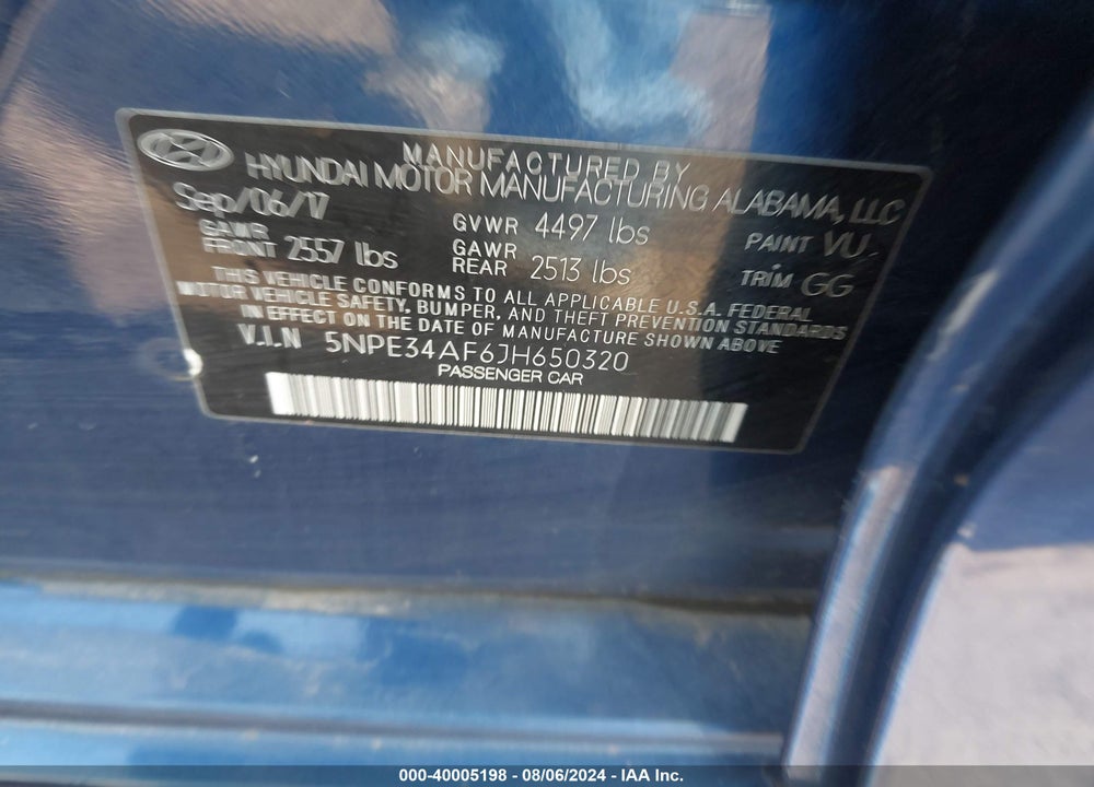 2018 HYUNDAI SONATA VIN: 5NPE34AF6JH650320