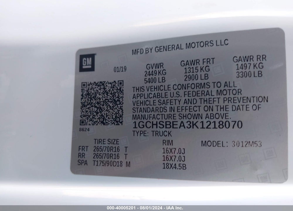 2019 CHEVROLET COLORADO WT VIN: 1GCHSBEA3K1218070