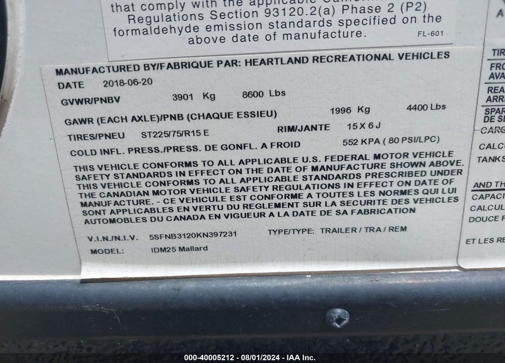 2019 HEARTLAND RV OTHER VIN: 5SFNB3120KN397231
