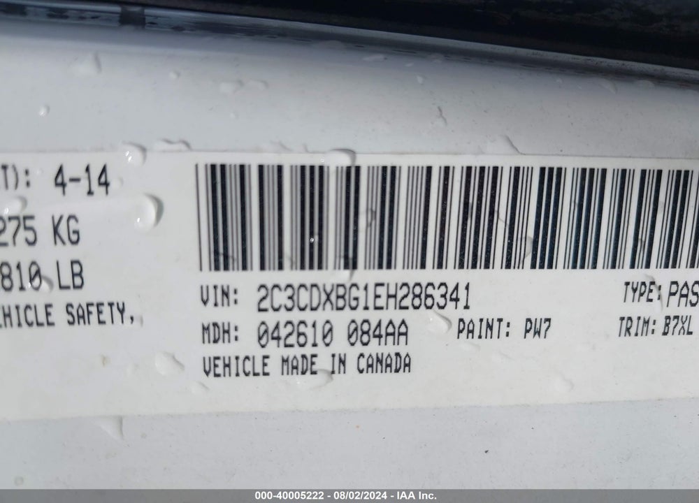 2014 DODGE CHARGER SE VIN: 2C3CDXBG1EH286341