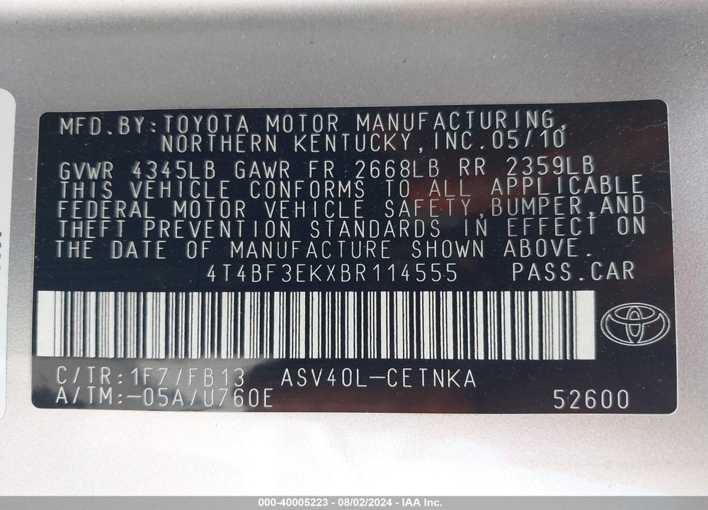 2011 TOYOTA CAMRY LE VIN: 4T4BF3EKXBR114555