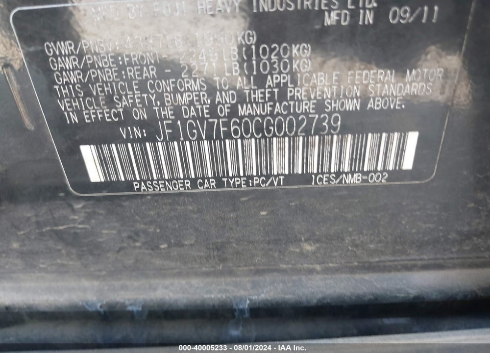 2012 SUBARU IMPREZA WRX PREMIUM VIN: JF1GV7F60CG002739