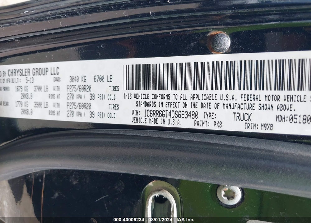 2013 RAM 1500 BIG HORN VIN: 1C6RR6GT4DS693480