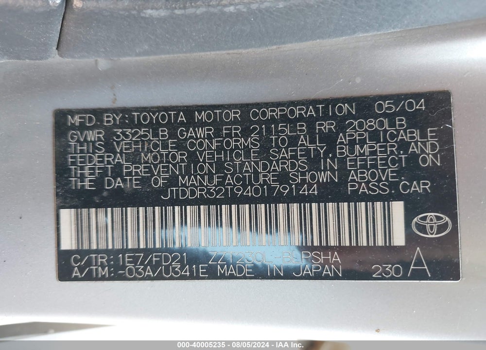 2004 TOYOTA CELICA GT VIN: JTDDR32T940179144