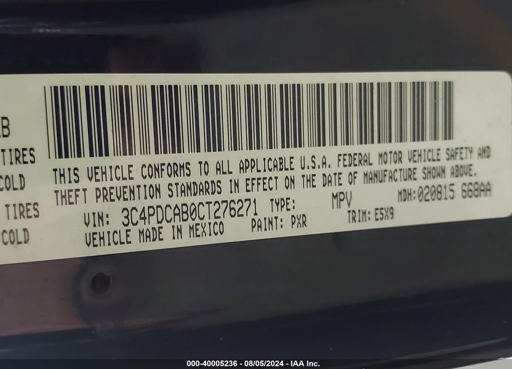 2012 DODGE JOURNEY SE/AVP VIN: 3C4PDCAB0CT276271