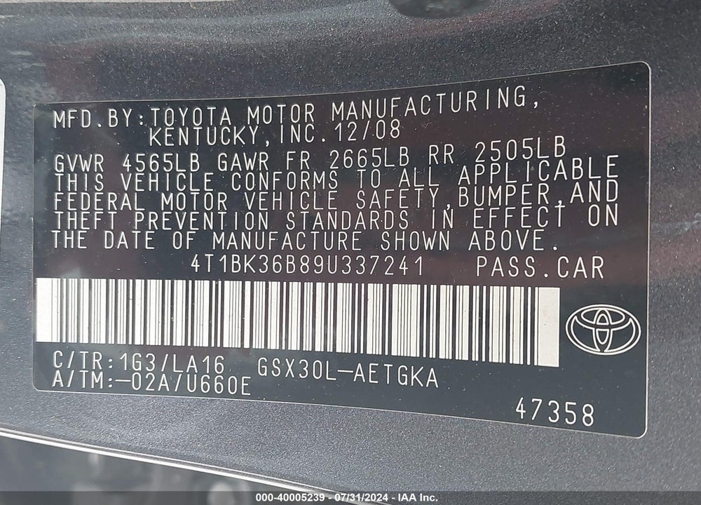 2009 TOYOTA AVALON XLS VIN: 4T1BK36B89U337241