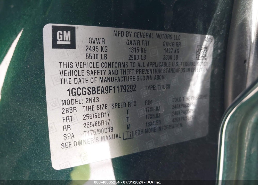 2015 CHEVROLET COLORADO LT VIN: 1GCGSBEA9F1179292