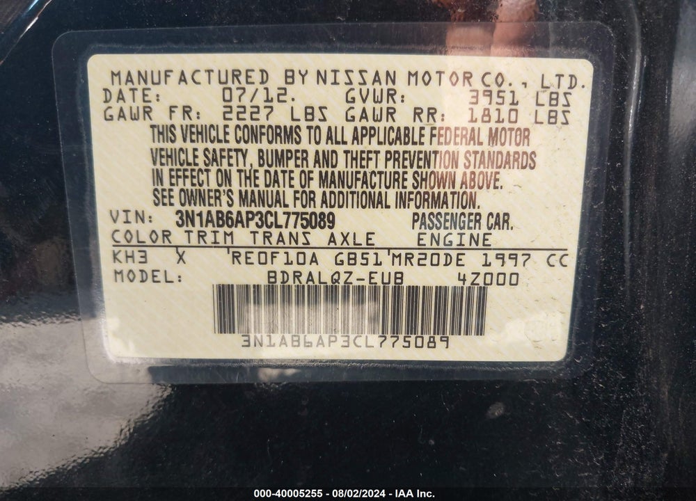 2012 NISSAN SENTRA VIN: 3N1AB6AP3CL775089
