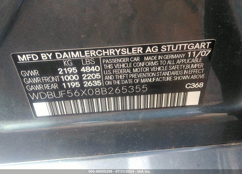 2008 MERCEDES-BENZ E 350 VIN: WDBUF56X08B265355