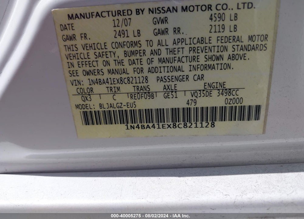 2008 NISSAN MAXIMA 3.5 SL VIN: 1N4BA41EX8C821128