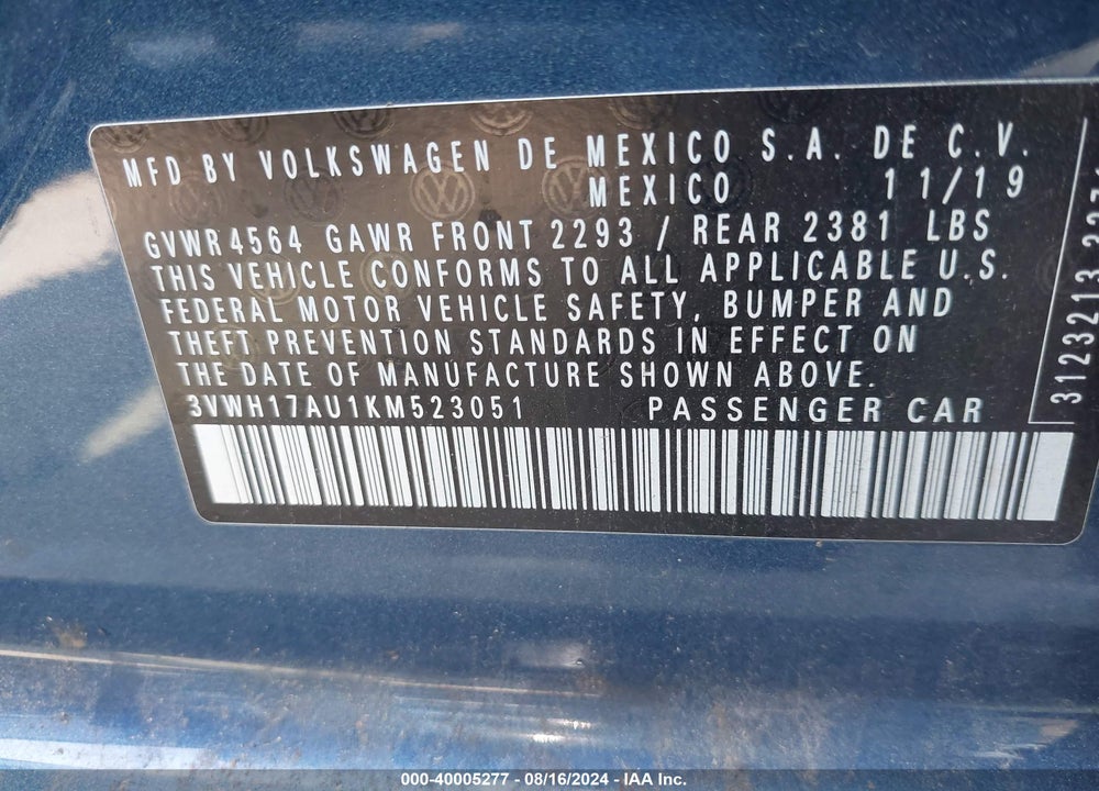2019 VOLKSWAGEN GOLF ALLTRACK TSI S/TSI SE/TSI SEL VIN: 3VWH17AU1KM523051