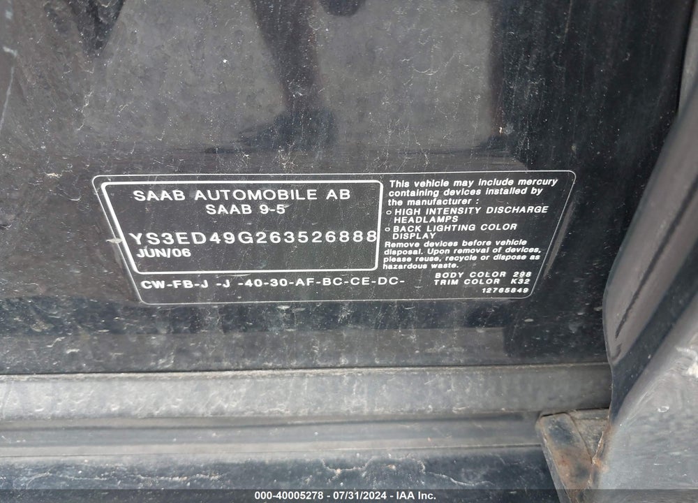 2006 SAAB 9-5 2.3T VIN: YS3ED49G263526888