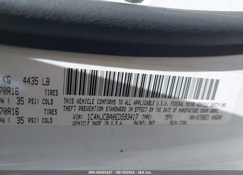 2014 JEEP COMPASS SPORT VIN: 1C4NJCBA0ED593417