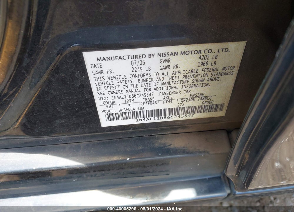 2006 NISSAN ALTIMA 2.5 S VIN: 1N4AL11D86C245547
