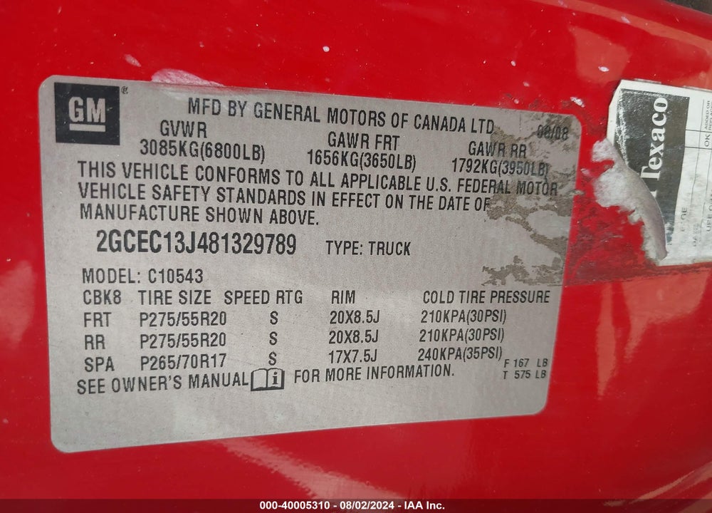 2008 CHEVROLET SILVERADO 1500 LT1 VIN: 2GCEC13J481329789