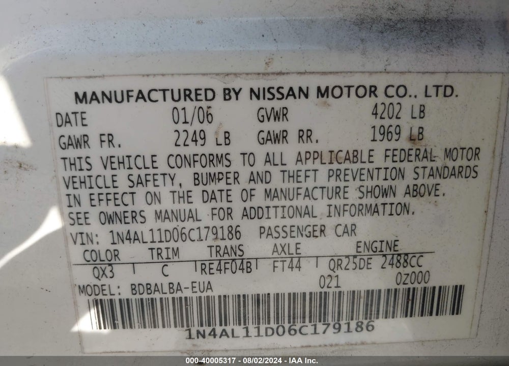2006 NISSAN ALTIMA 2.5 S VIN: 1N4AL11D06C179186
