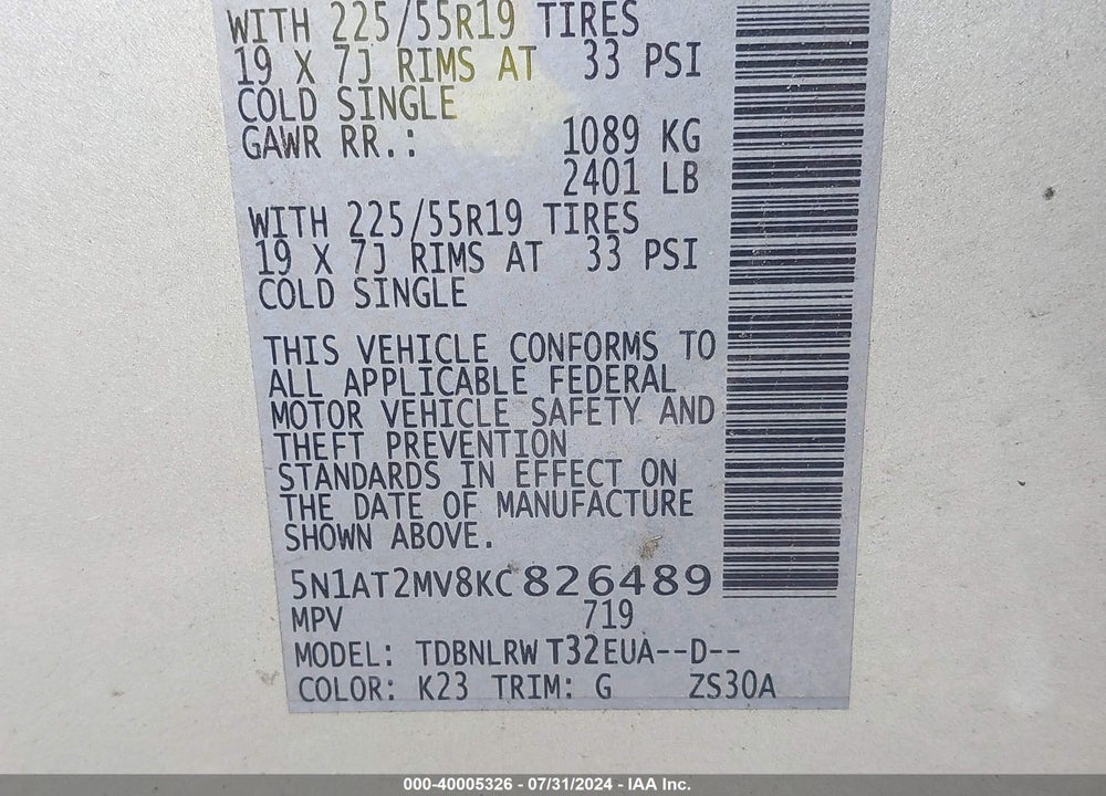 2019 NISSAN ROGUE SL VIN: 5N1AT2MV8KC826489