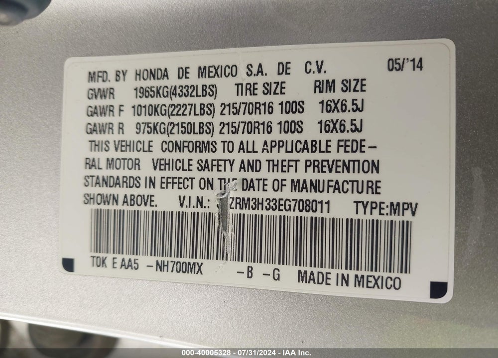 2014 HONDA CR-V LX VIN: 3CZRM3H33EG708011