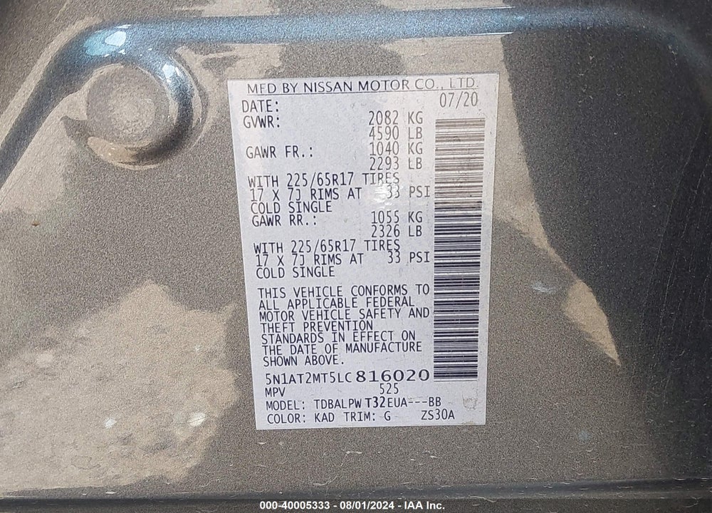 2020 NISSAN ROGUE S FWD VIN: 5N1AT2MT5LC816020