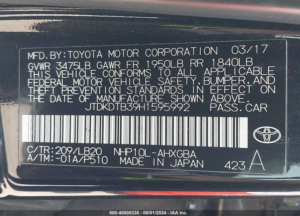 2017 TOYOTA PRIUS C FOUR VIN: JTDKDTB39H1595992