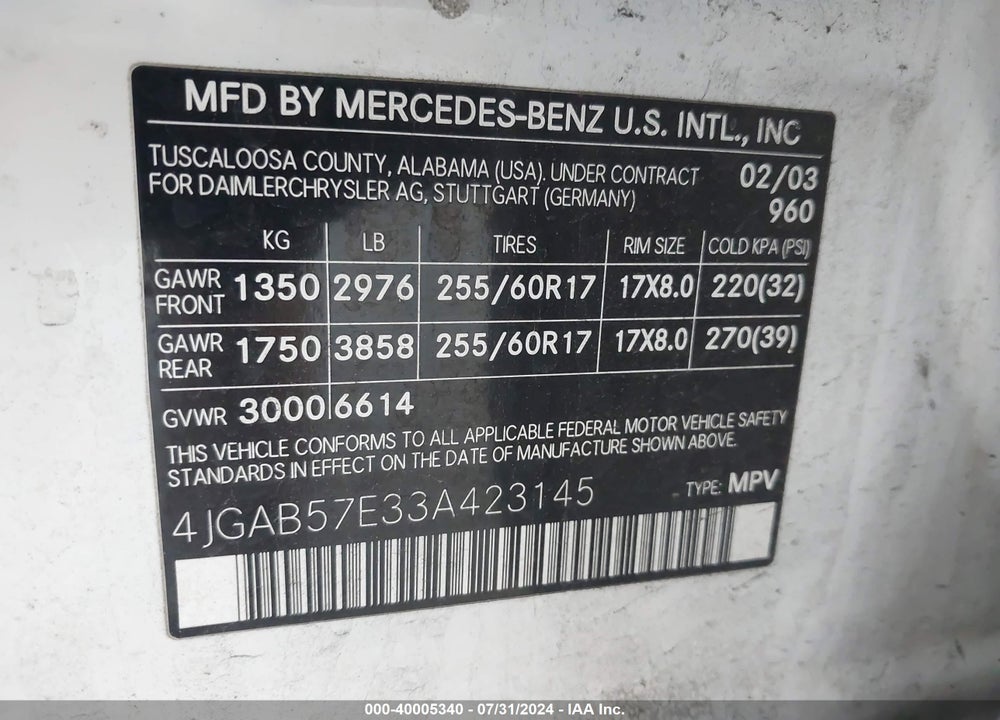 2003 MERCEDES-BENZ ML 350 VIN: 4JGAB57E33A423145