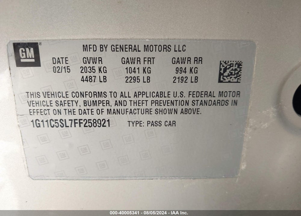 2015 CHEVROLET MALIBU 1LT VIN: 1G11C5SL7FF258921