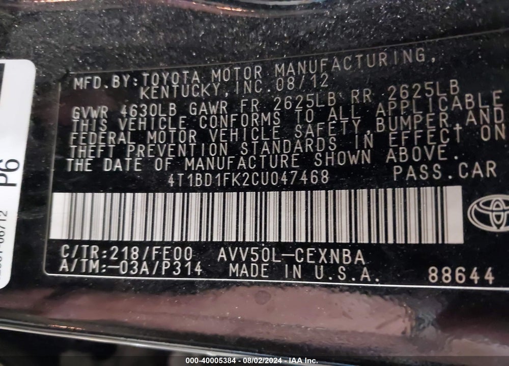 2012 TOYOTA CAMRY HYBRID LE VIN: 4T1BD1FK2CU047468