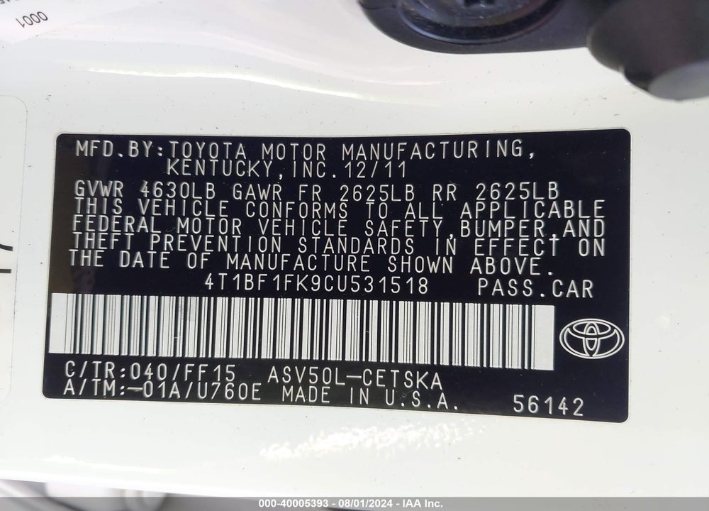 2012 TOYOTA CAMRY SE VIN: 4T1BF1FK9CU531518