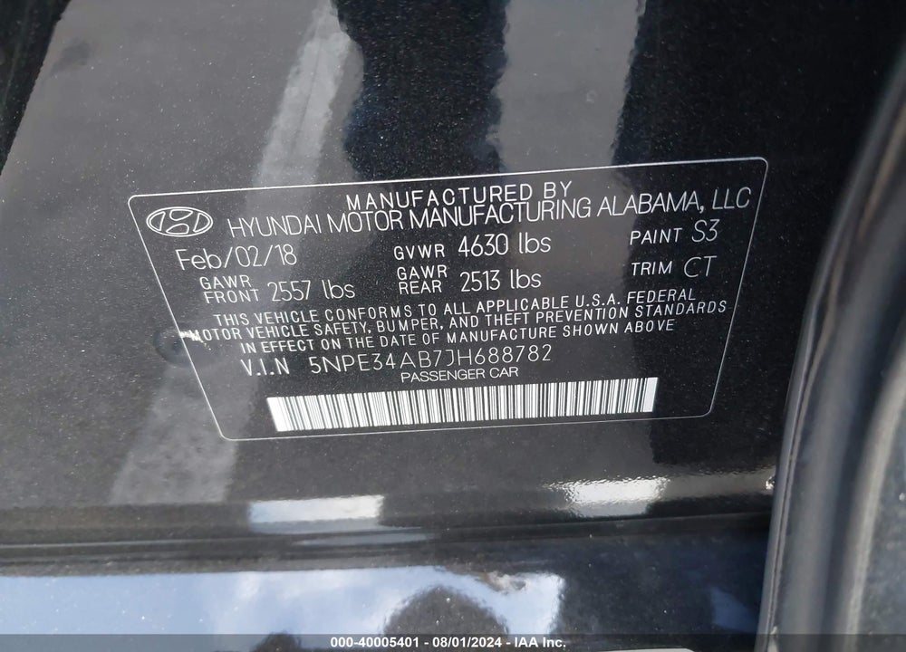 2018 HYUNDAI SONATA LIMITED 2.0T VIN: 5NPE34AB7JH688782