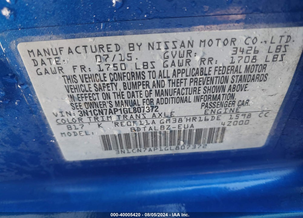 2016 NISSAN VERSA 1.6 S/1.6 S+/1.6 SL/1.6 SV VIN: 3N1CN7AP1GL807372