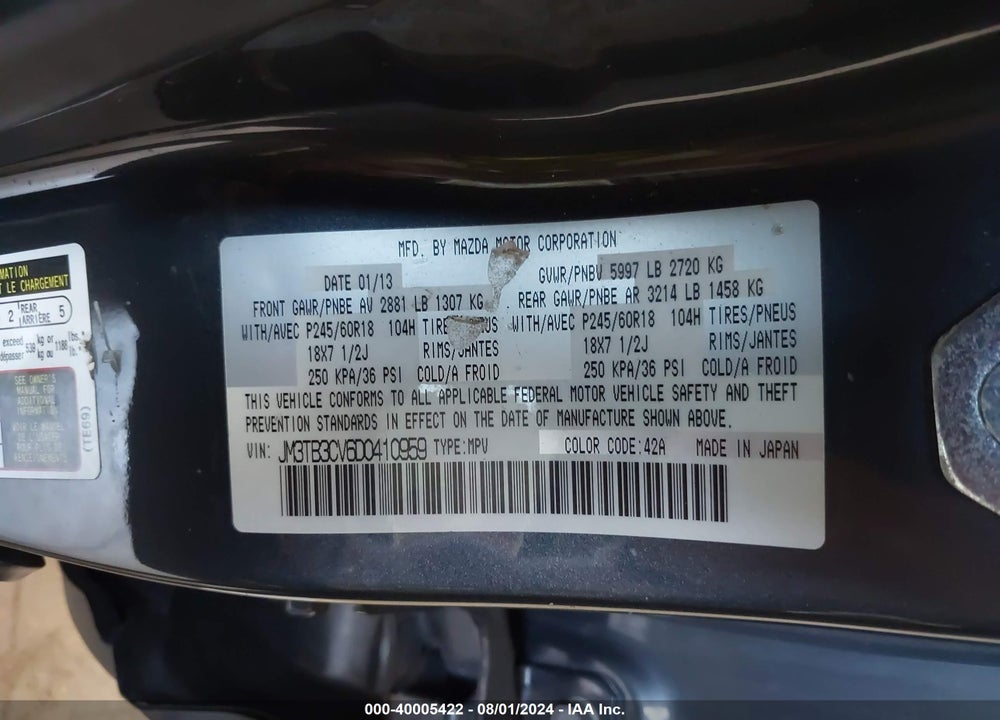 2013 MAZDA CX-9 TOURING VIN: JM3TB3CV6D0410959