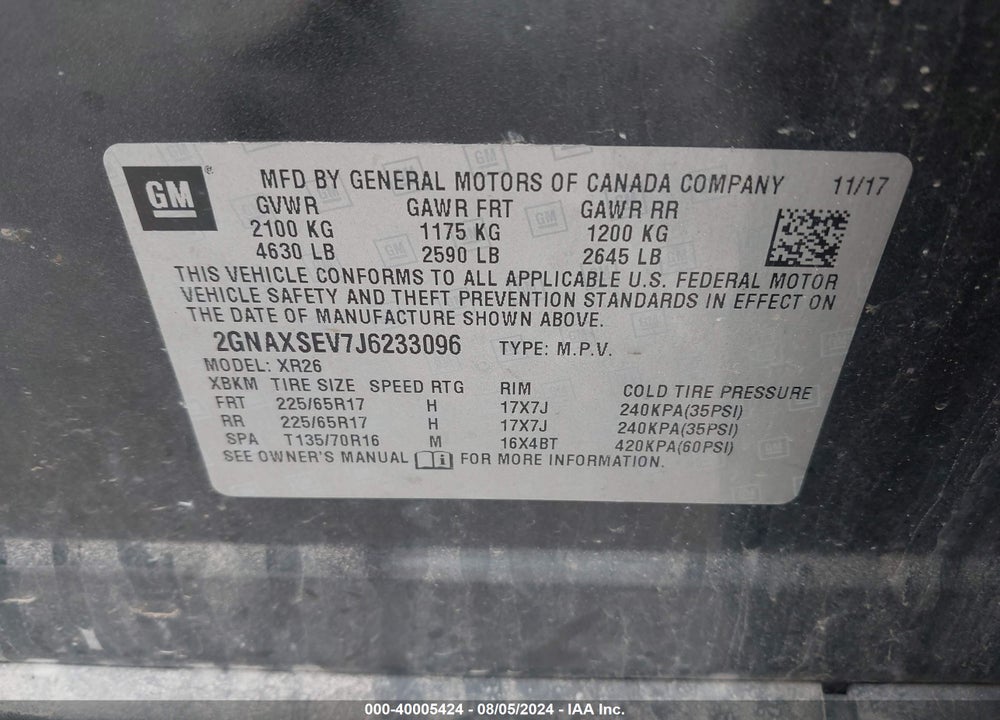 2018 CHEVROLET EQUINOX LT VIN: 2GNAXSEV7J6233096