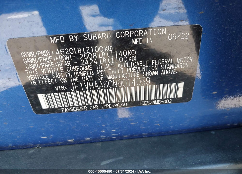 2022 SUBARU WRX VIN: JF1VBAA60N9014059