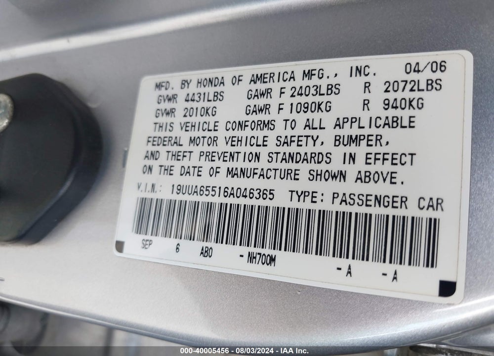 2006 ACURA TL VIN: 19UUA65516A046365