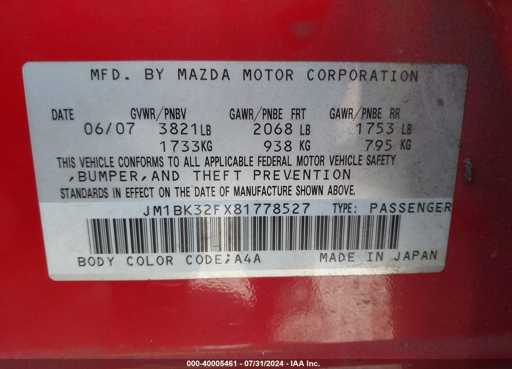 2008 MAZDA 3 I VIN: JM1BK32FX81778527
