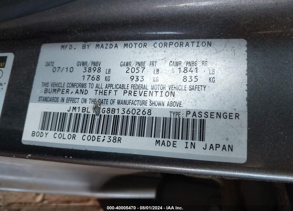 2011 MAZDA 3 I TOURING VIN: JM1BL1VG8B1360268