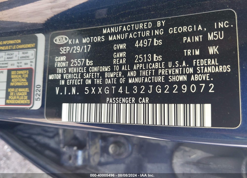 2018 KIA OPTIMA VIN: 5XXGT4L32JG229072